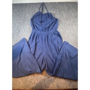 Aerie Jumpsuit Women's Large Blue Smocked Back Retro Ribbed Halter Flare Leg